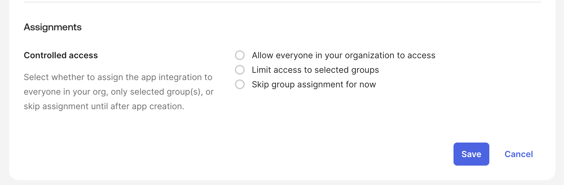 Assignments section with controlled access options in Okta