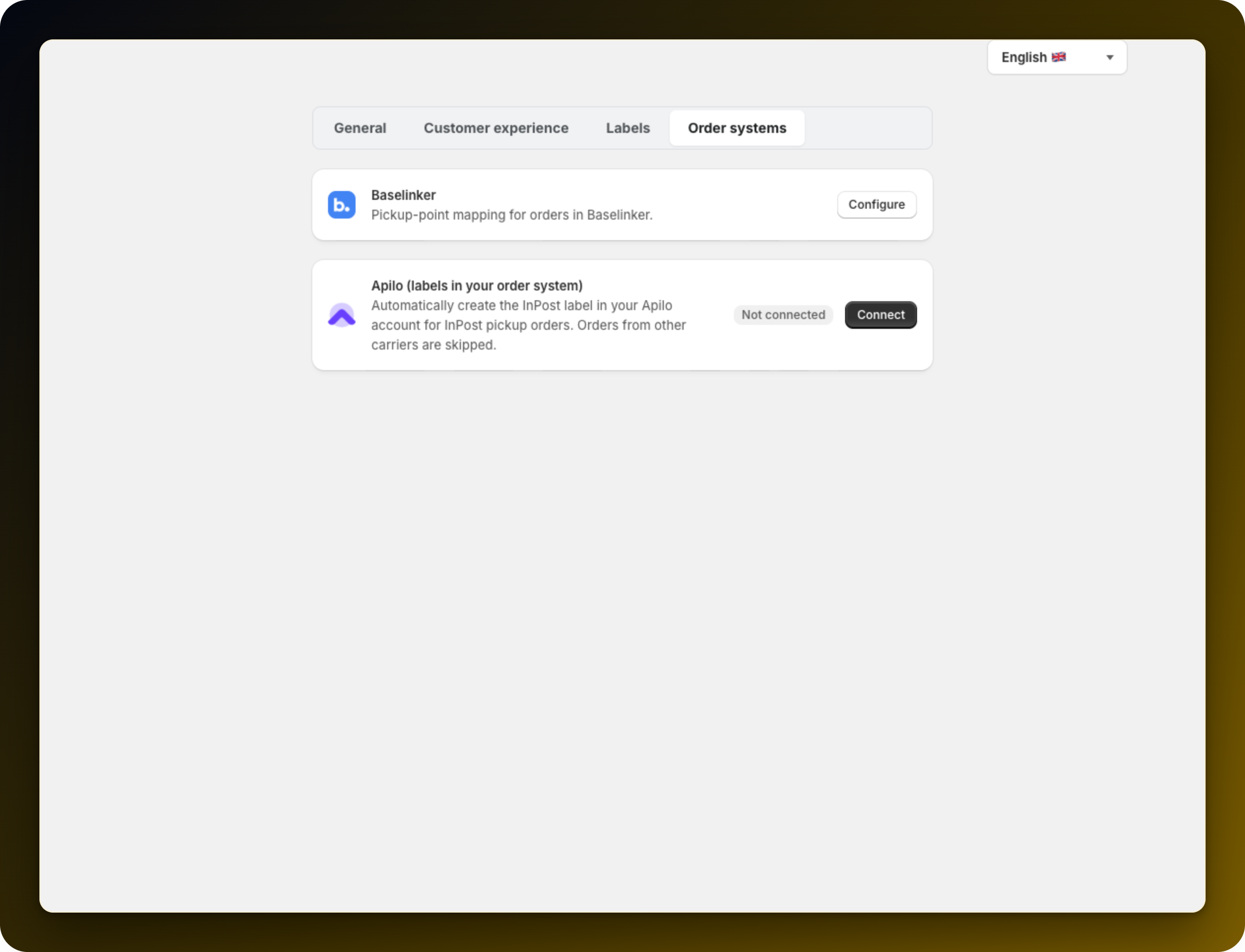 The Order systems tab of Settings with its two rows, Baselinker with a Configure button and Apilo (labels in your order system) badged Not connected with a Connect button