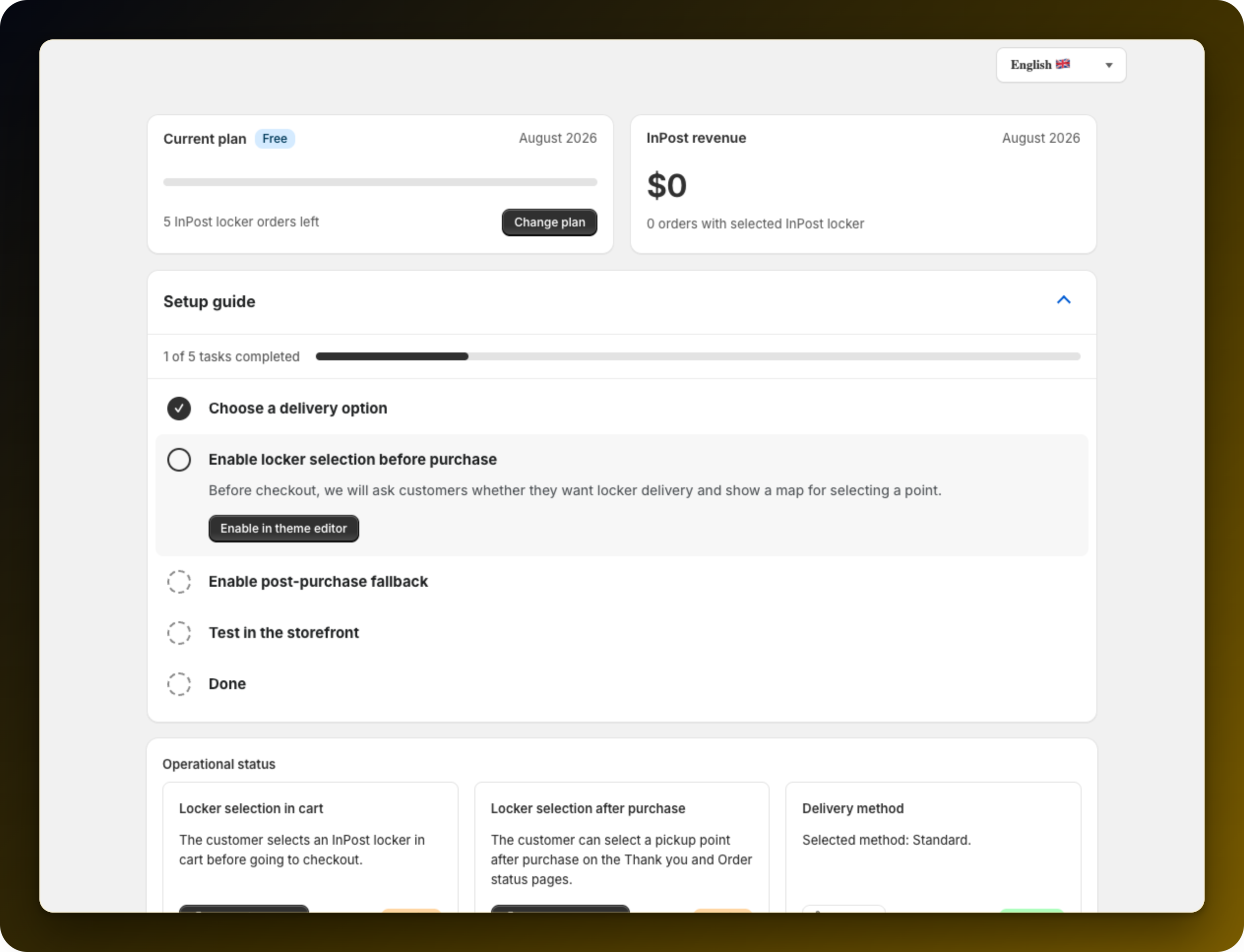 The app dashboard: the Current plan card on Free with 5 InPost locker orders left and a Change plan button, the InPost revenue card at $0, the Setup guide expanded on 1 of 5 tasks completed, and the top of the Operational status card