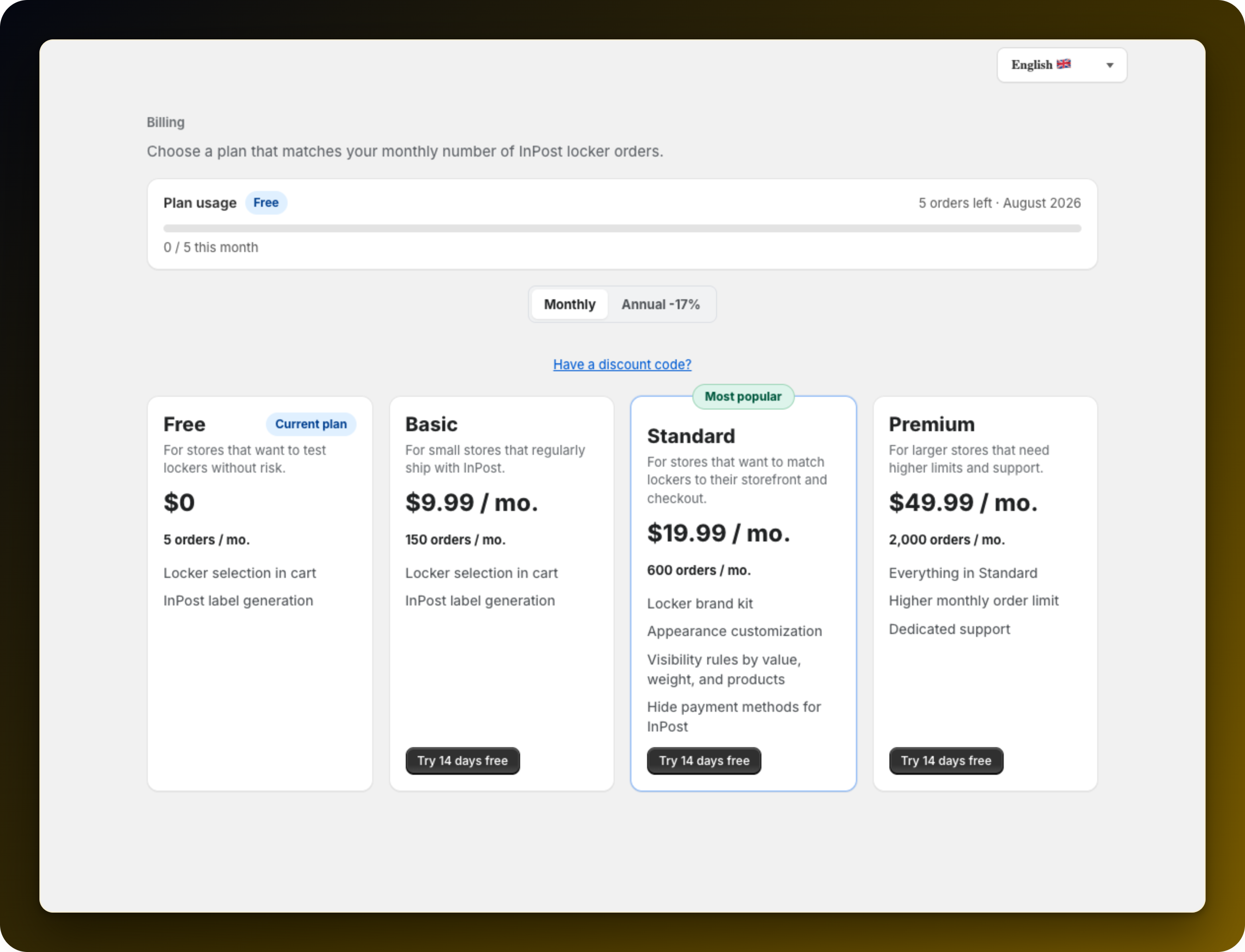 The Plans page on a store on Free, with the Plan usage meter at the top reading 0 / 5 this month and 5 orders left for August 2026, above the four plan cards and their monthly order limits