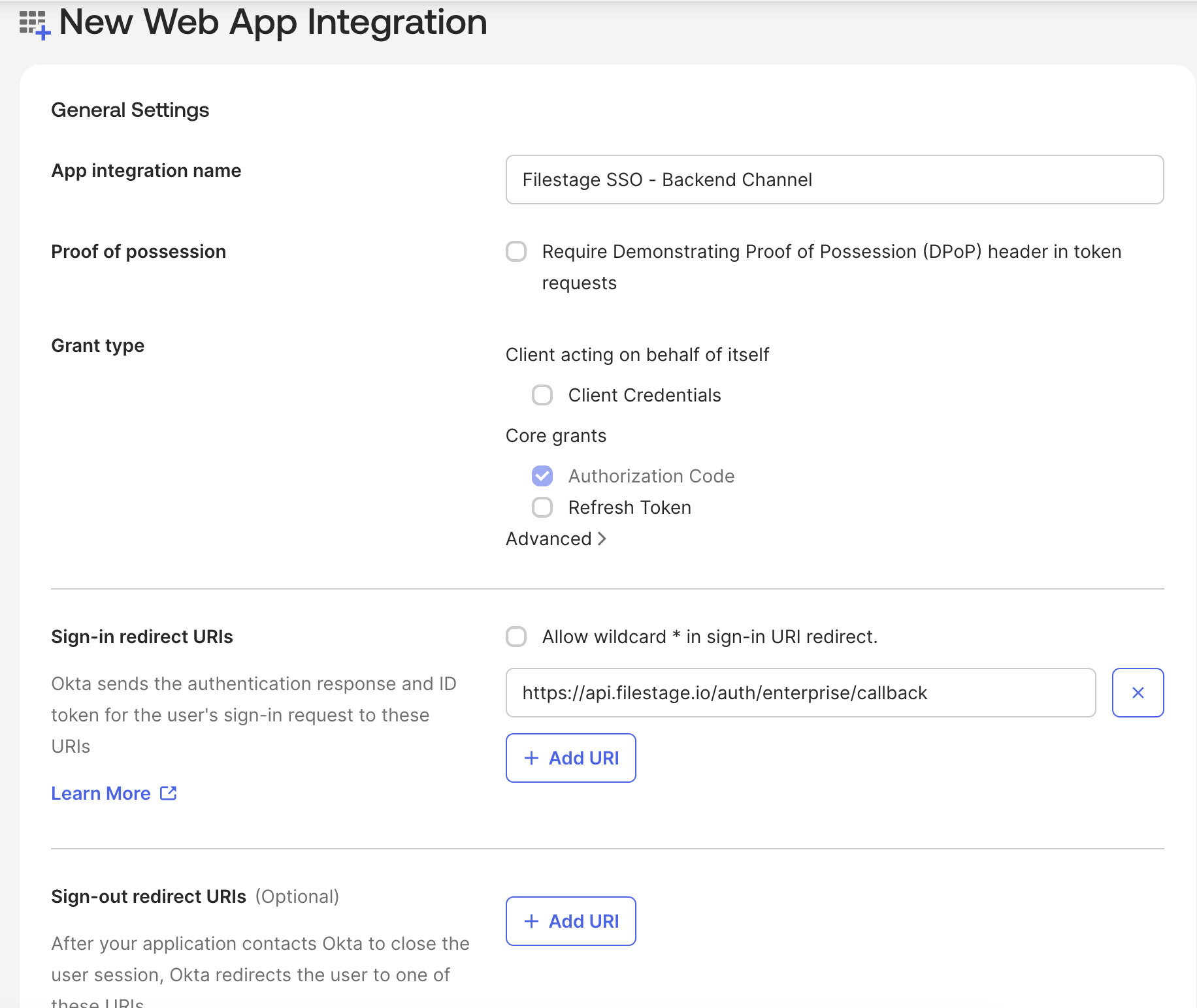 New Web App Integration settings in Okta with the Filestage redirect URI