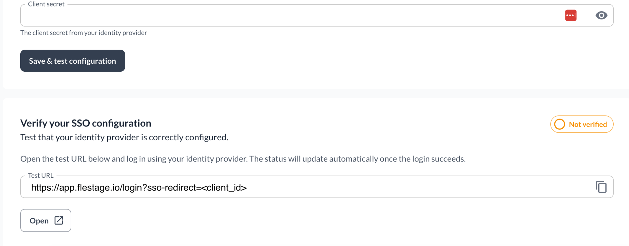 Verify your SSO configuration section with the test URL in Filestage