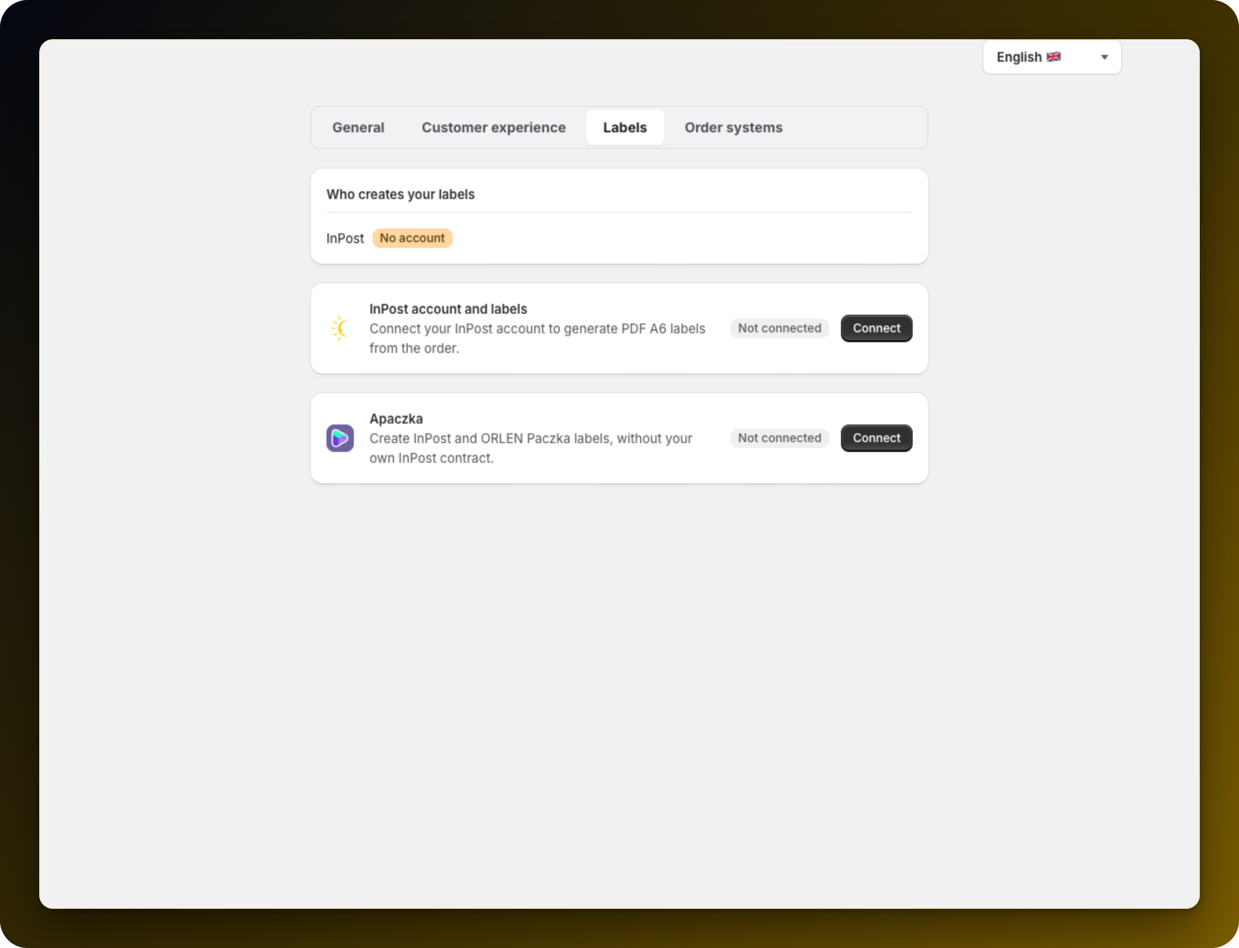 The Labels tab of Settings on a store with nothing connected: the Who creates your labels card showing a single InPost row badged No account, and below it the InPost account and labels and Apaczka rows, both Not connected with a Connect button