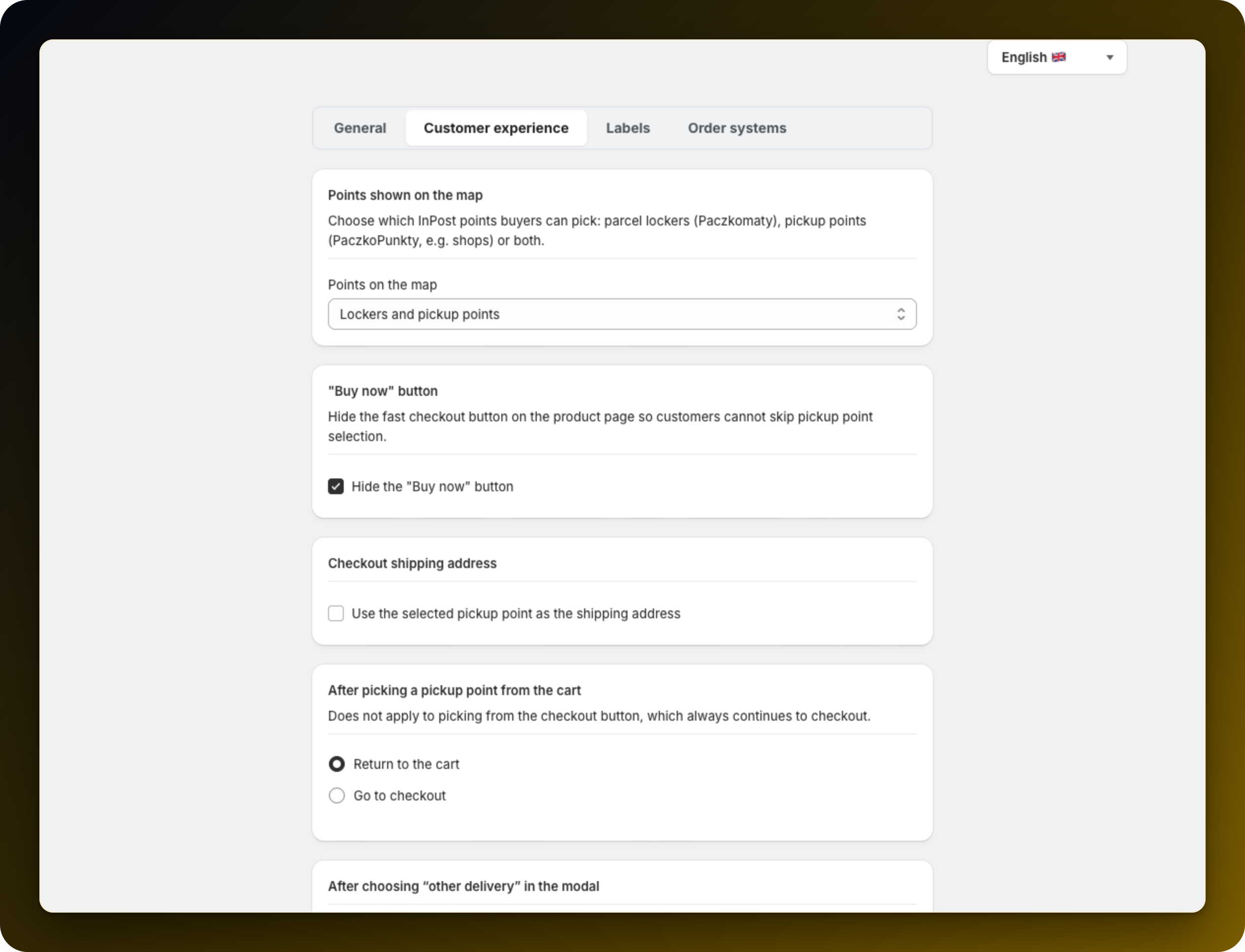 The Customer experience tab of Settings, with the Points shown on the map card and its Points on the map select reading Lockers and pickup points, above the "Buy now" button, Checkout shipping address and After picking a pickup point from the cart cards