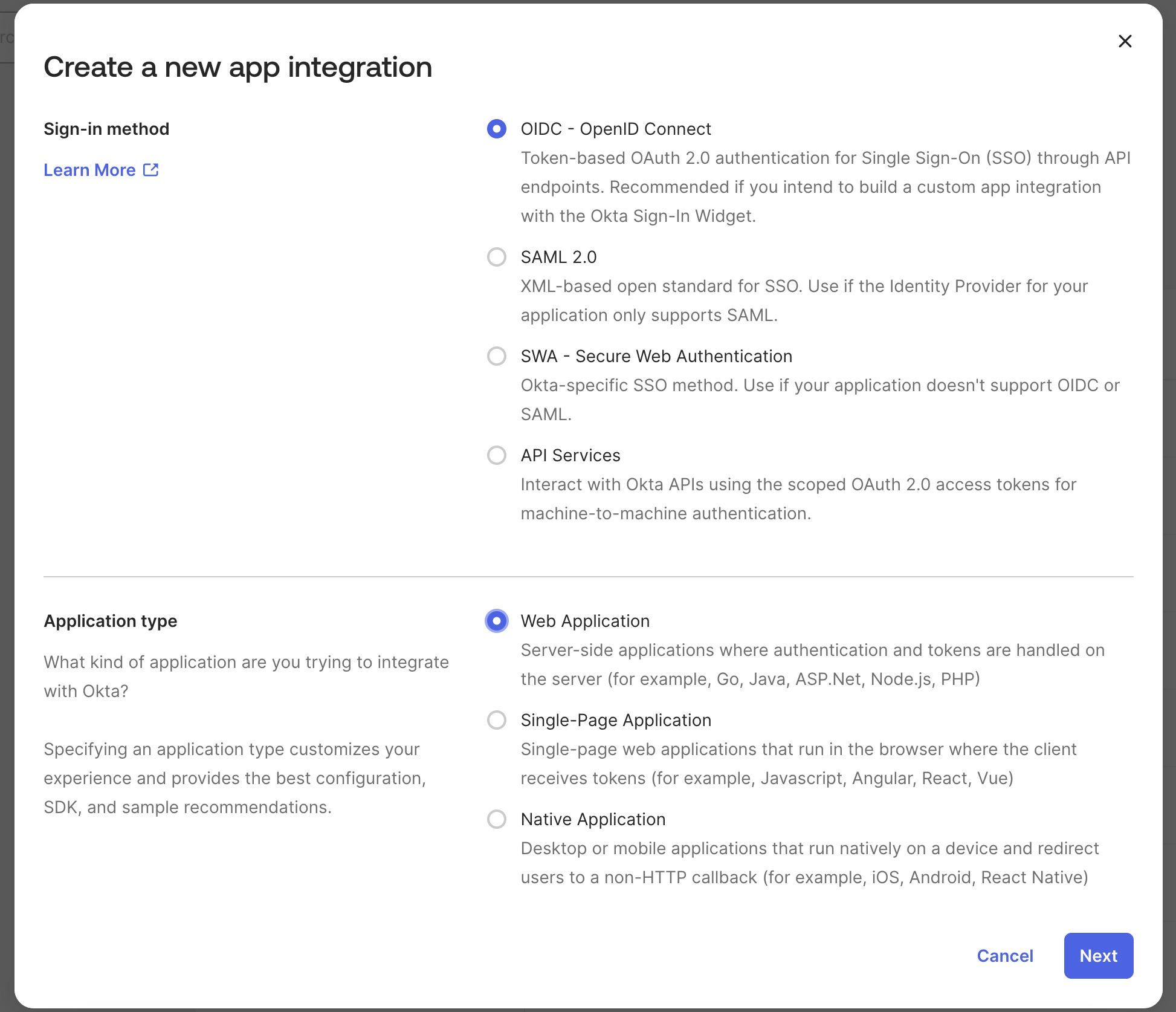Selecting OIDC - OpenID Connect and Web Application in Okta