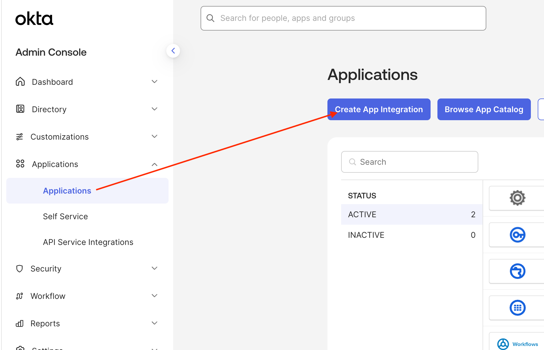 Create App Integration button in the Okta Admin Dashboard