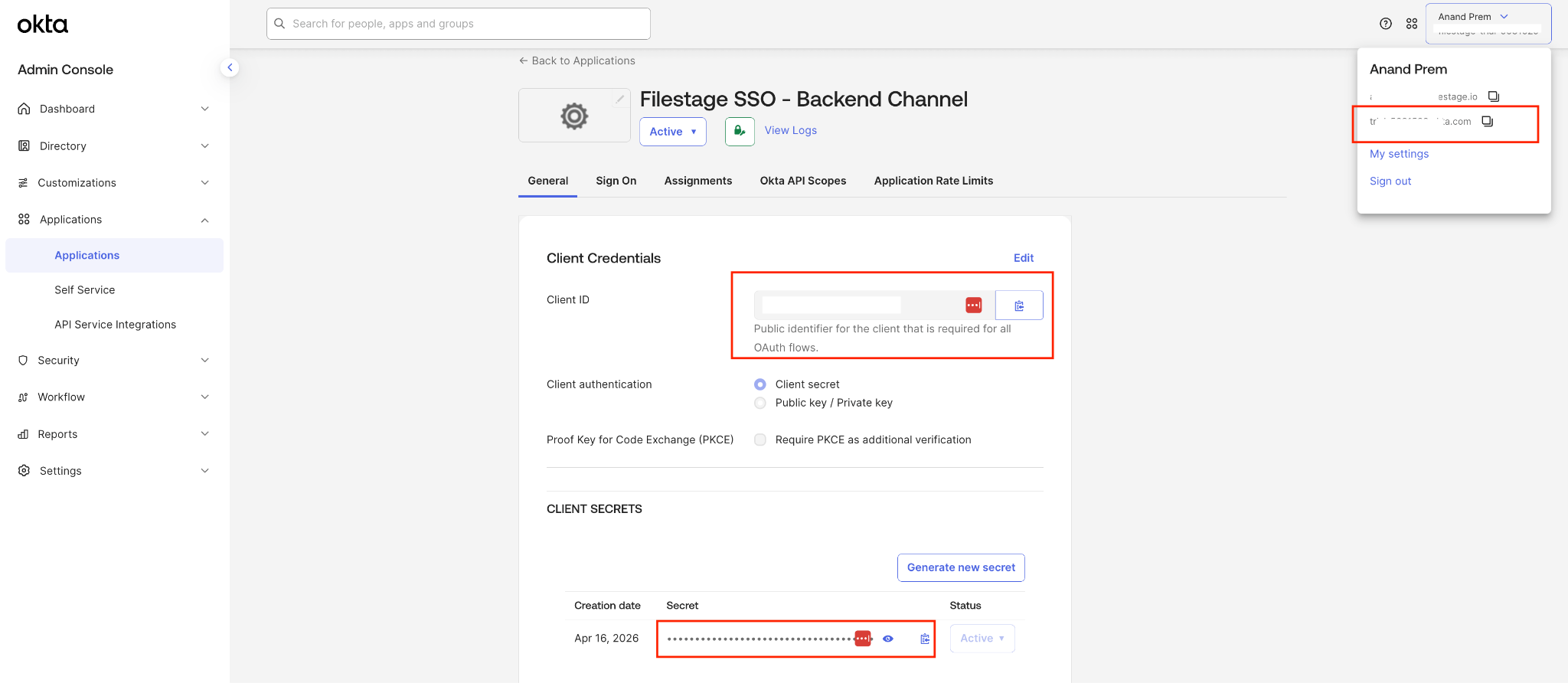Client ID, client secret, and Okta domain in the Okta app settings