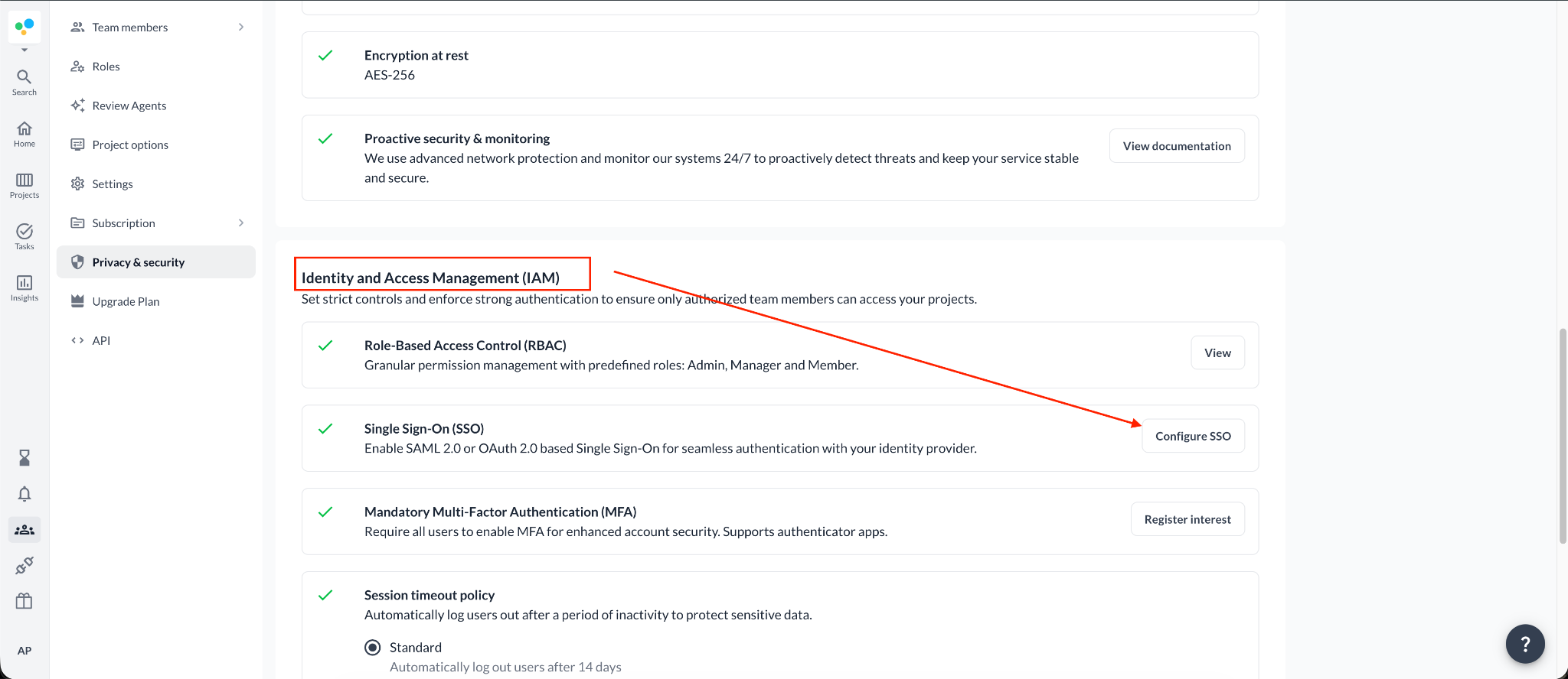Identity and Access Management section with the Configure SSO button in Filestage