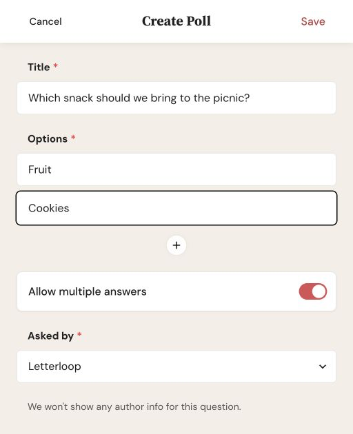 Create Poll form with a picnic snack question, Fruit and Cookies options, Allow multiple answers turned on, and Letterloop selected as the author.