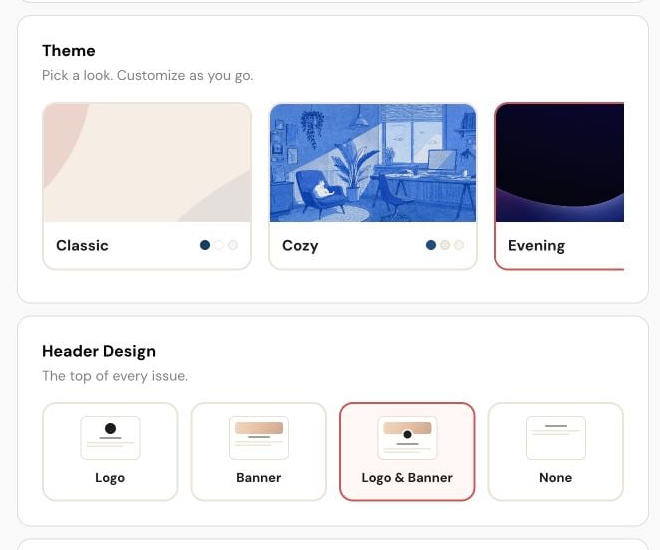 Theme editor showing Classic, Cozy, and Evening presets and four Header Design options.