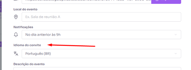 Definição do idioma do evento