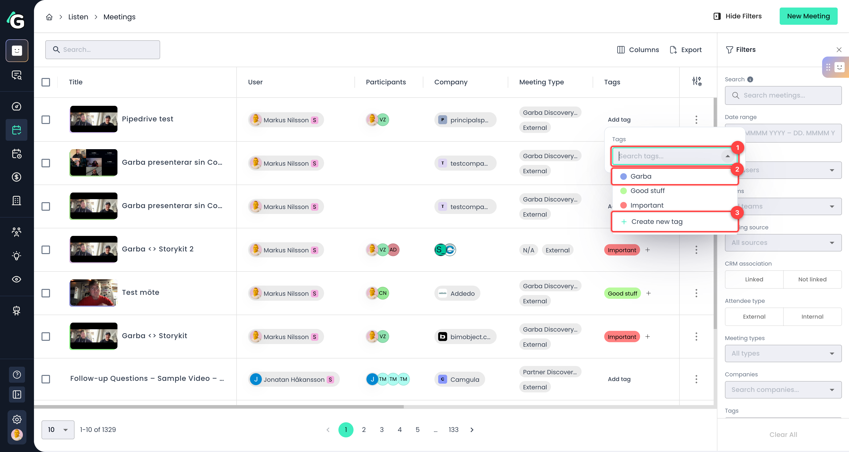 The tag picker dropdown showing existing tags and the Create new tag option