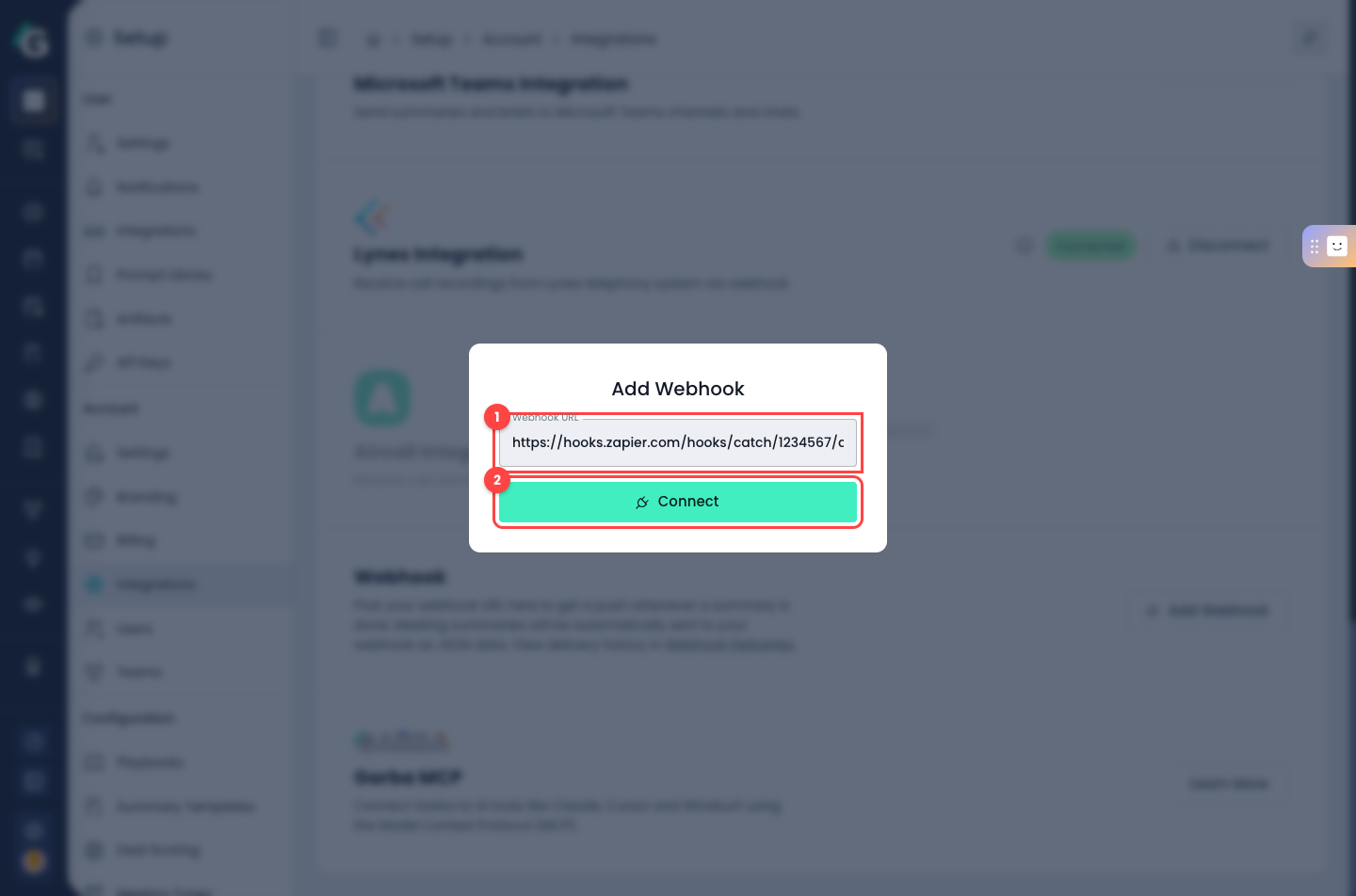The Add Webhook dialog with the Webhook URL field and Connect button highlighted