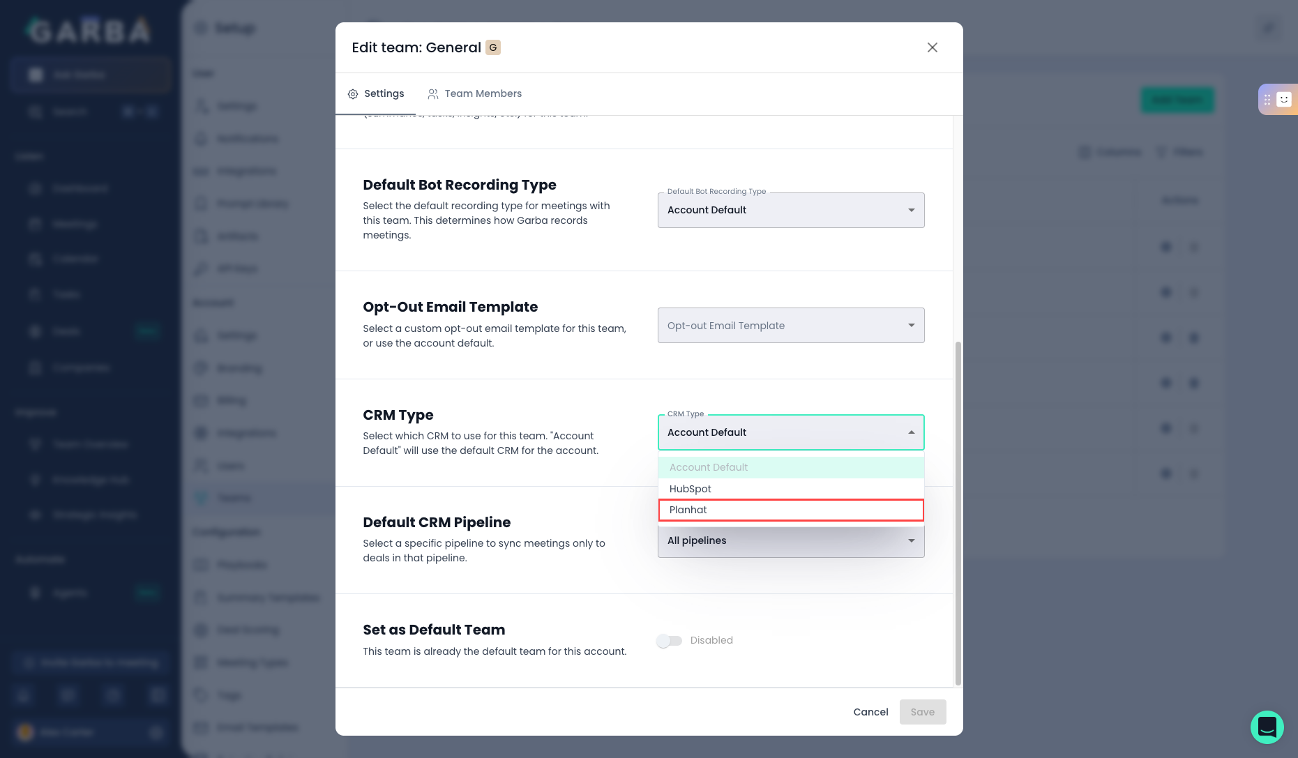 Team settings - CRM Type set to Planhat