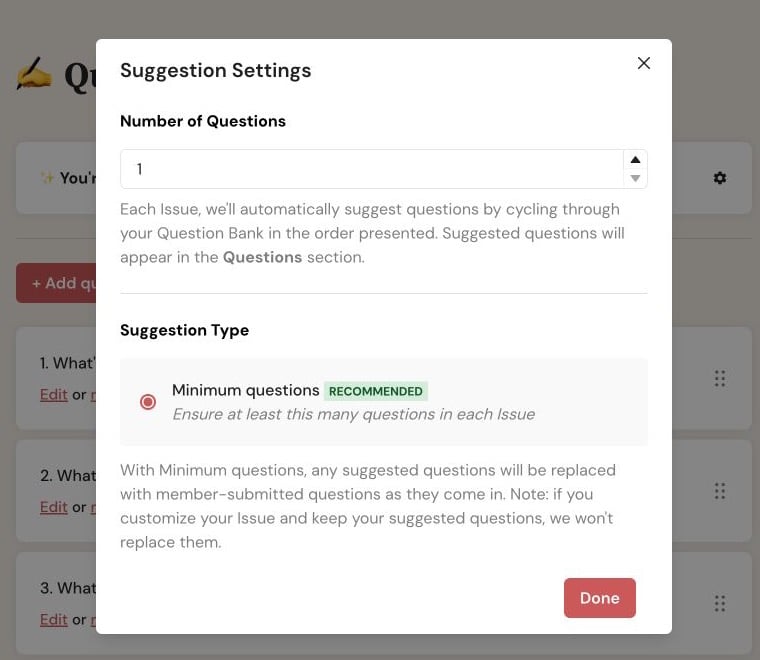 Letterloop Suggestion Settings on web showing Number of Questions and Minimum questions.