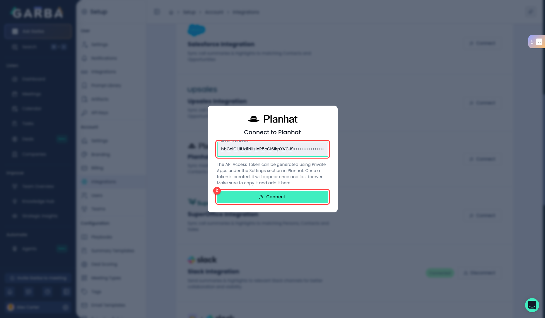 Garba - Connect to Planhat dialog