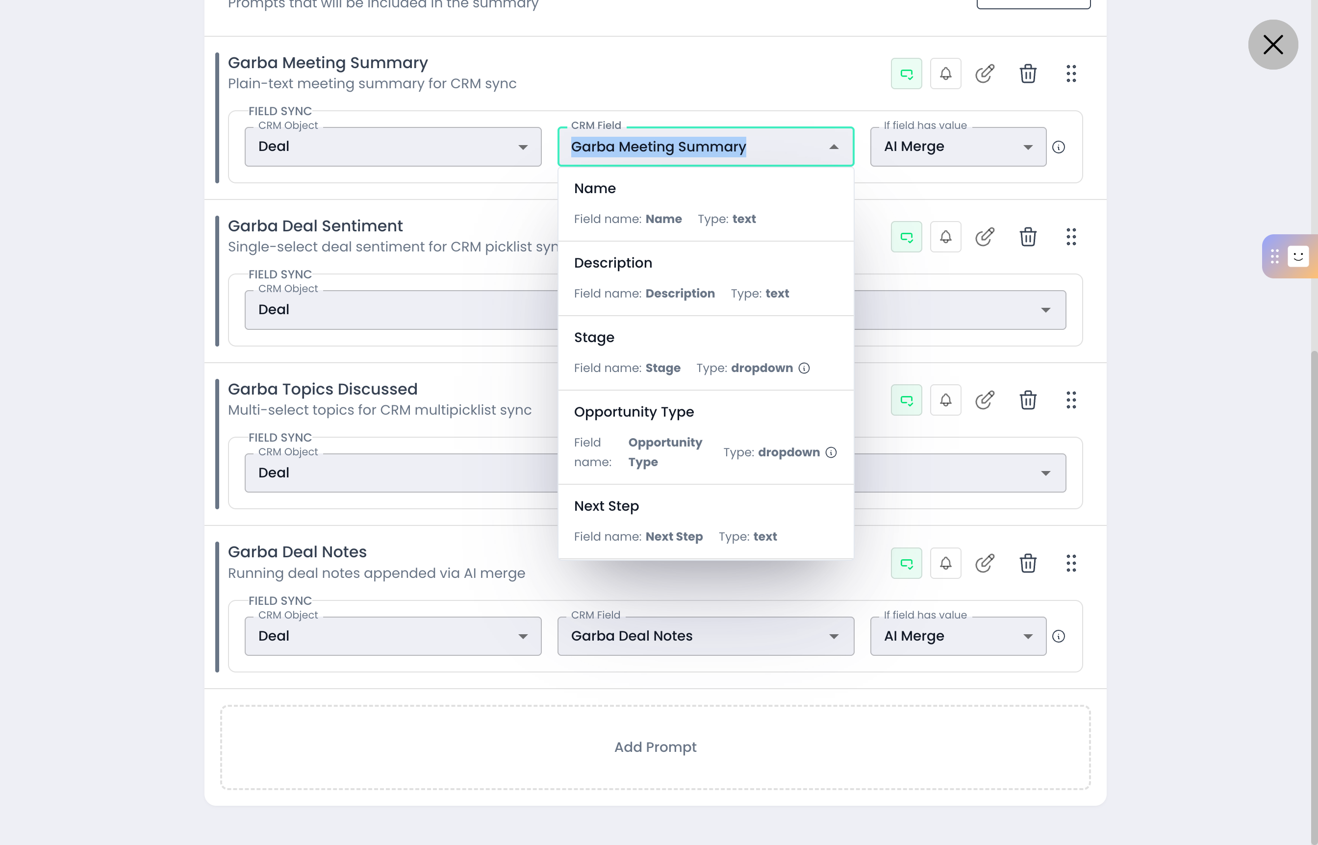 CRM Field dropdown showing each field's detected type