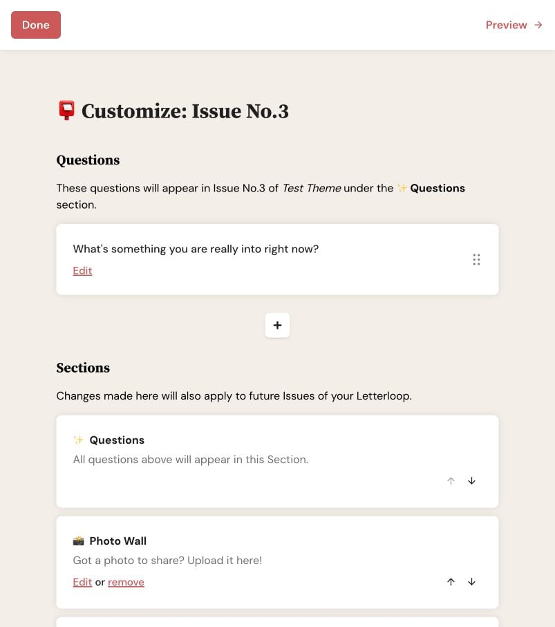 Letterloop Customize page showing the Sections list for an upcoming Issue, including Questions and Photo Wall.