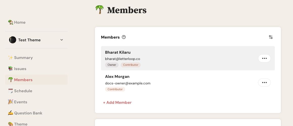 Letterloop Members page on web showing the three-dot Options button beside a fictional member named Alex Morgan.