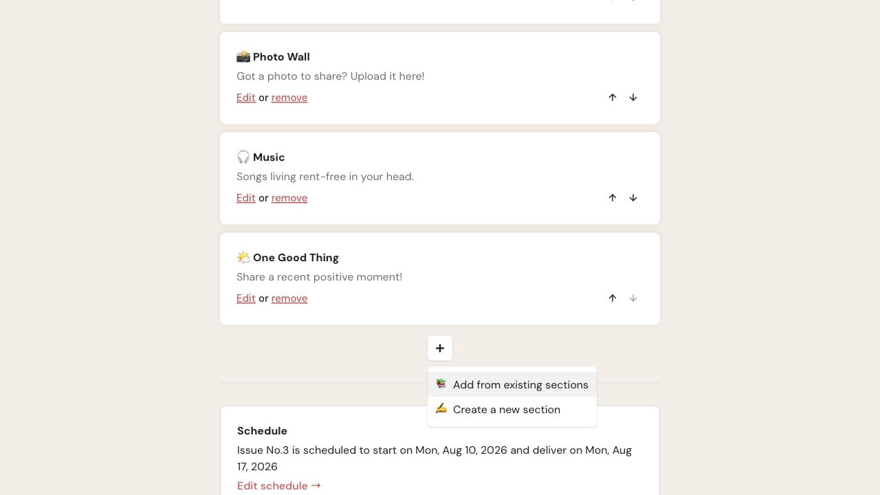 Upcoming Issue customization on web showing Section cards and the plus menu with Add from existing sections and Create a new section.