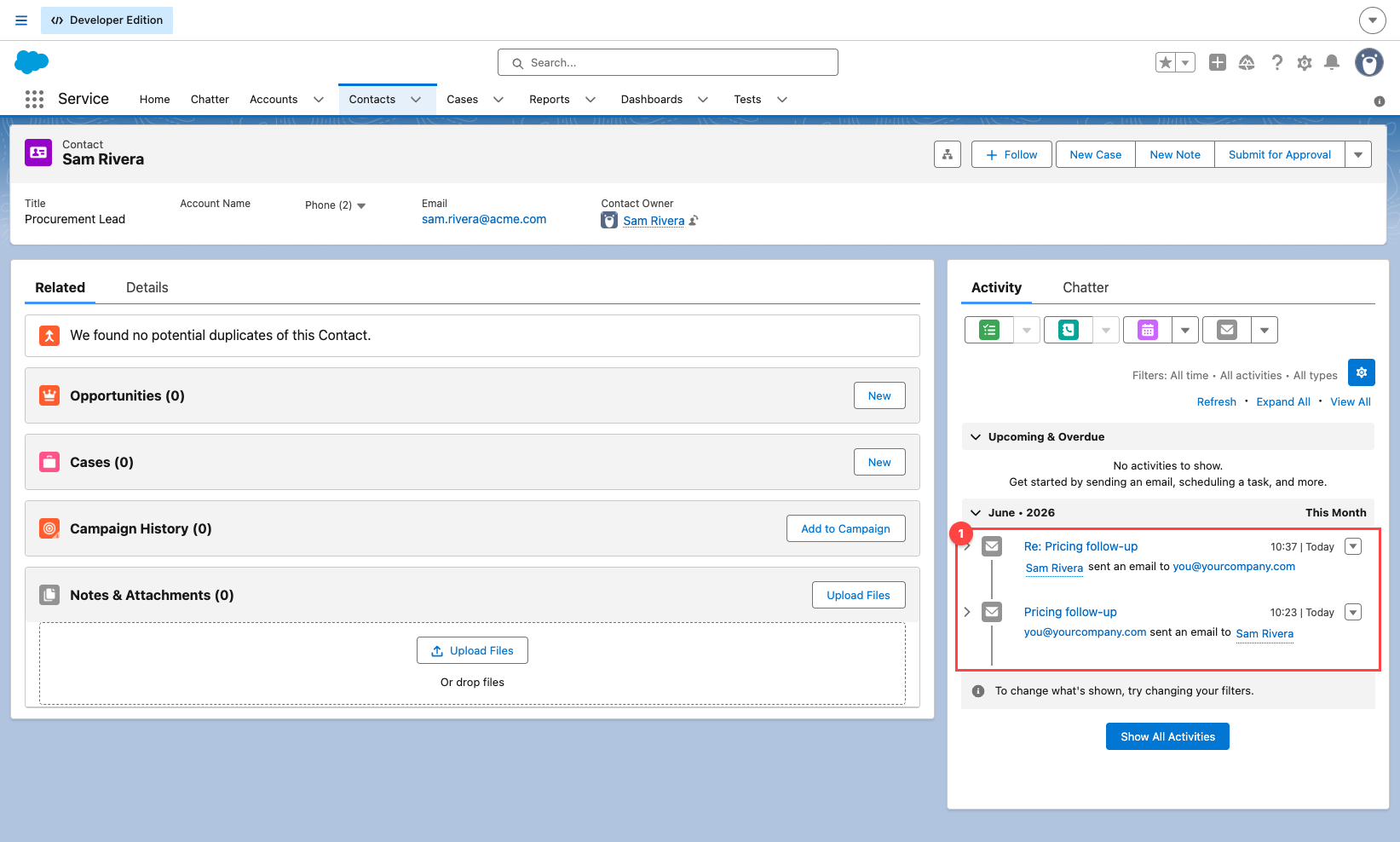 Synced emails shown on a Salesforce contact's Activity timeline