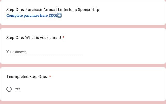 Gift a Letterloop form showing the $50 annual purchase link, purchaser email field, and purchase-complete confirmation.