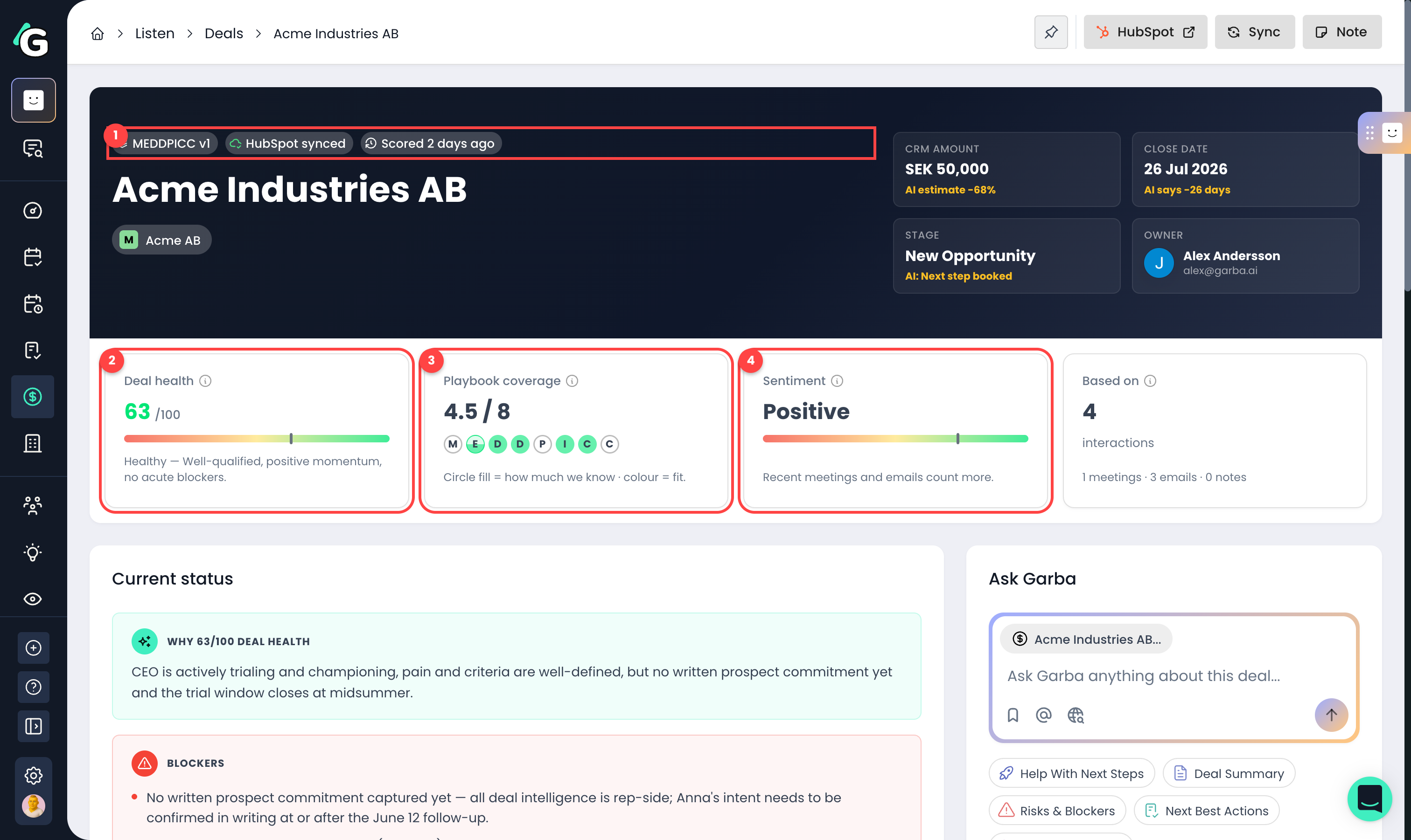 Deal detail header and metrics