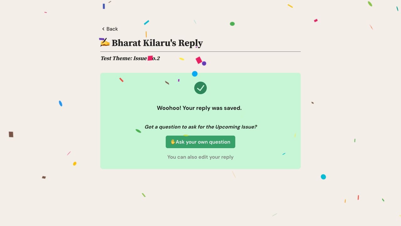 Letterloop web confirmation showing a saved reply and the You can also edit your reply link.