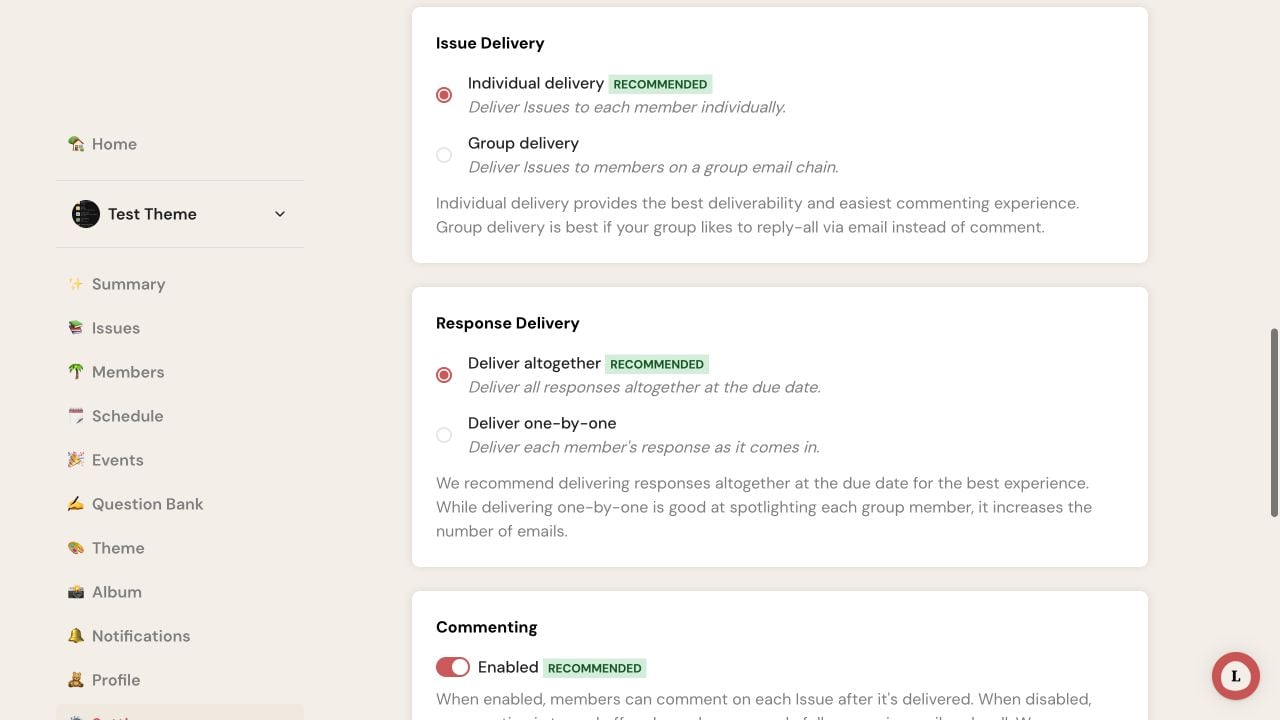 Letterloop Settings on web showing Issue Delivery and Response Delivery with the recommended Individual delivery and Deliver altogether options selected.