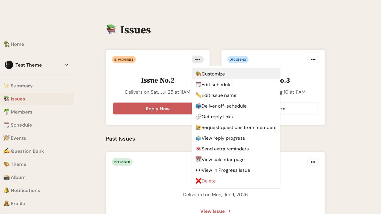 Letterloop Issues page on web with the In Progress Issue Options menu open and View reply progress visible.