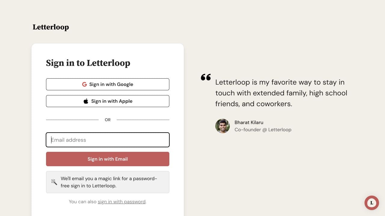 Letterloop web sign-in page showing Google, Apple, email magic-link, and password sign-in options with a blank email field.