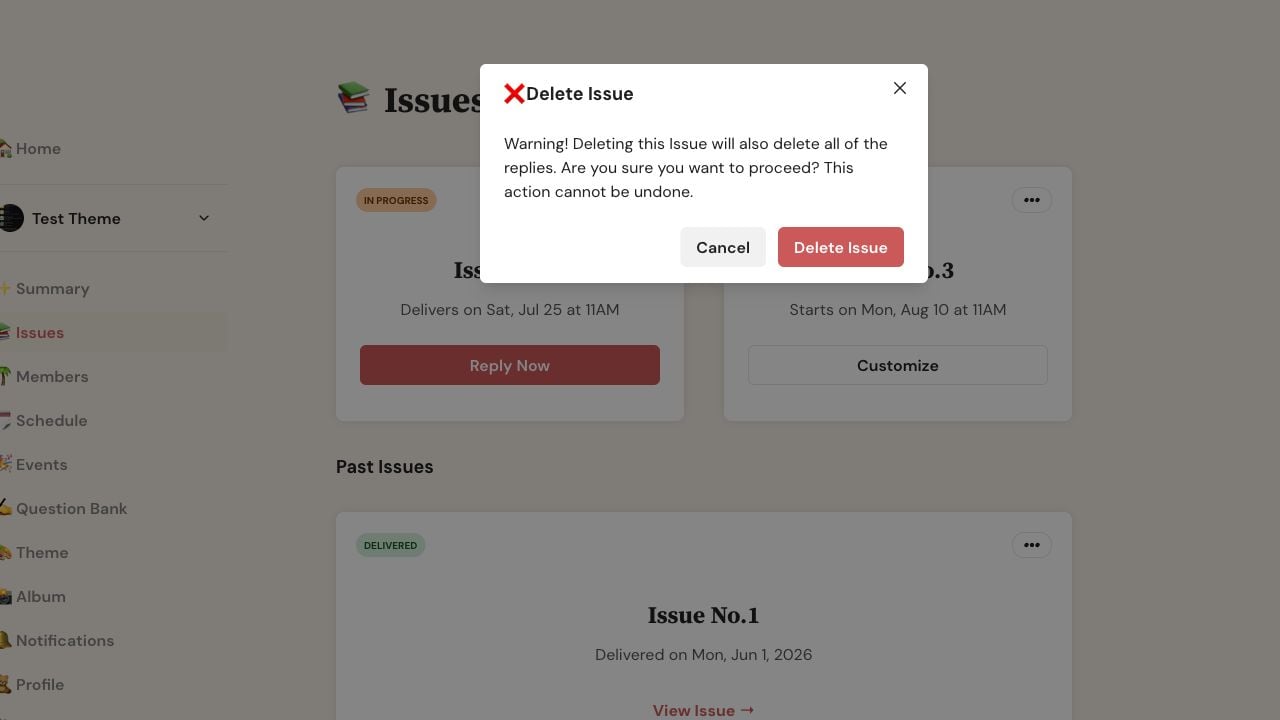 Delete Issue confirmation on the Letterloop Issues page, warning that replies are deleted and the action cannot be undone, with Cancel and Delete Issue buttons.