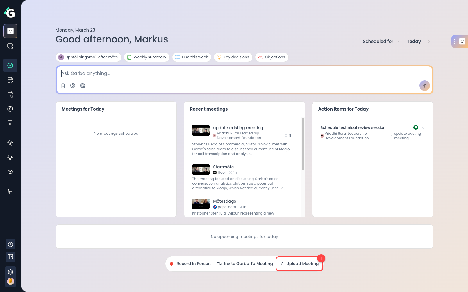 Dashboard with Upload Meeting button highlighted