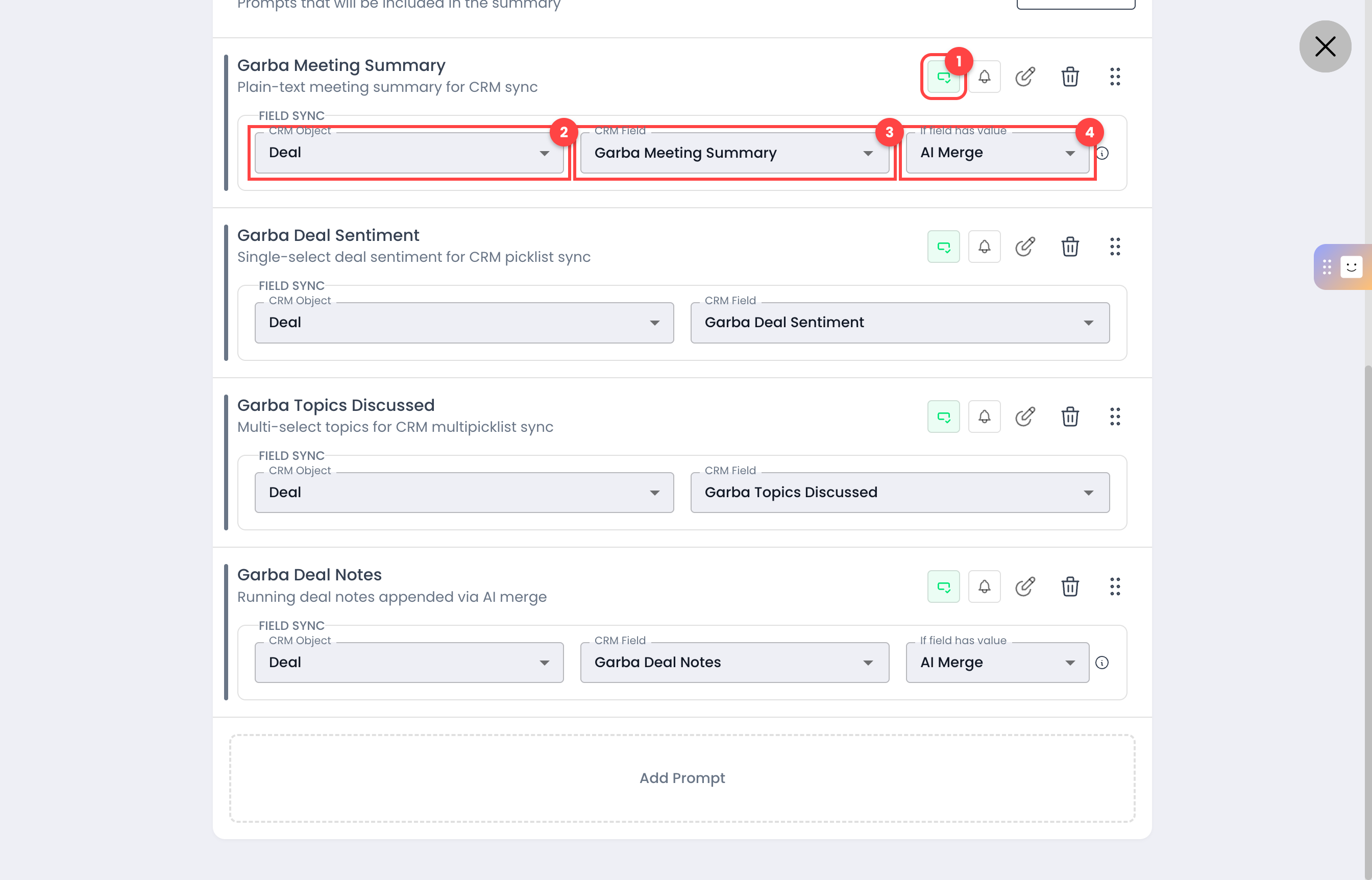 Field Sync panel on a summary template section