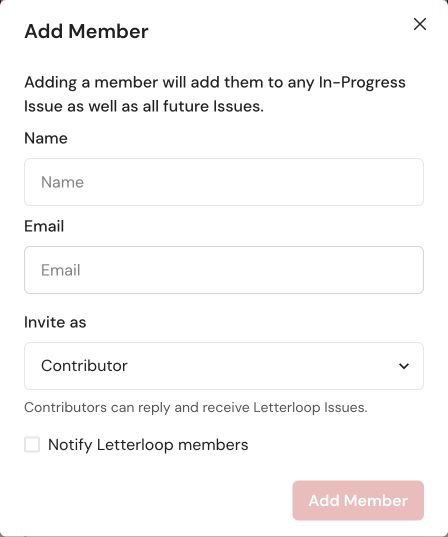 Add Member form on web with name, email, role, notification, and Add Member controls.