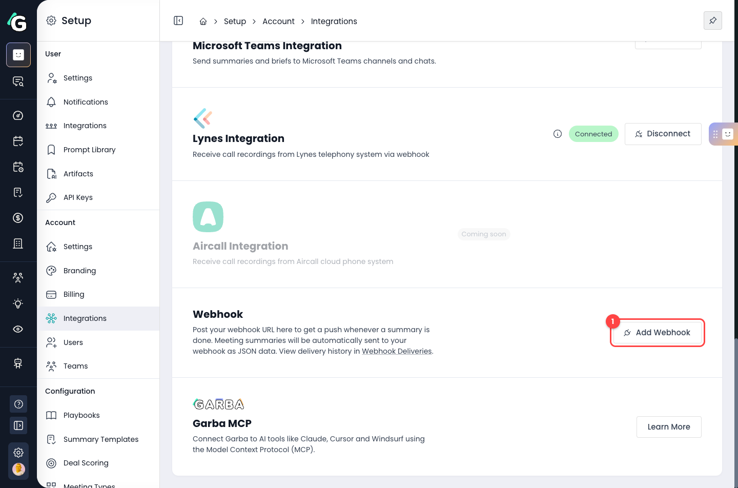 The Webhook card on the Account Integrations page with the Add Webhook button highlighted