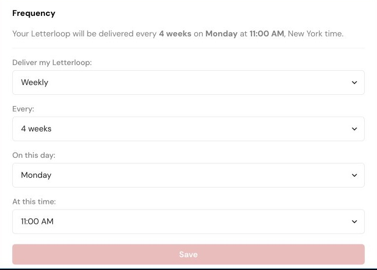 Frequency settings on web showing cadence, interval, day, time, and Save controls.