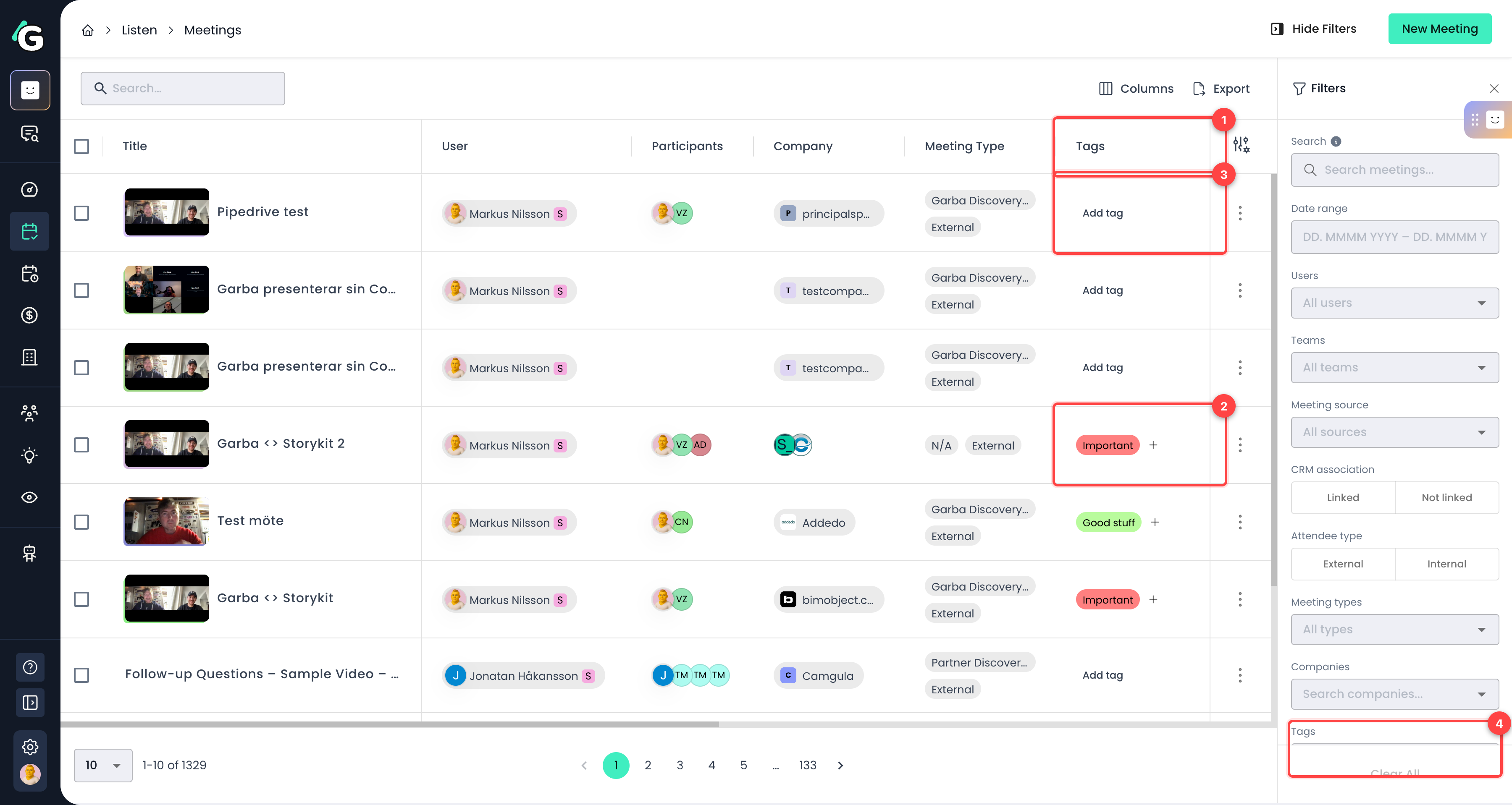 Tags column and filter on the Past Meetings page
