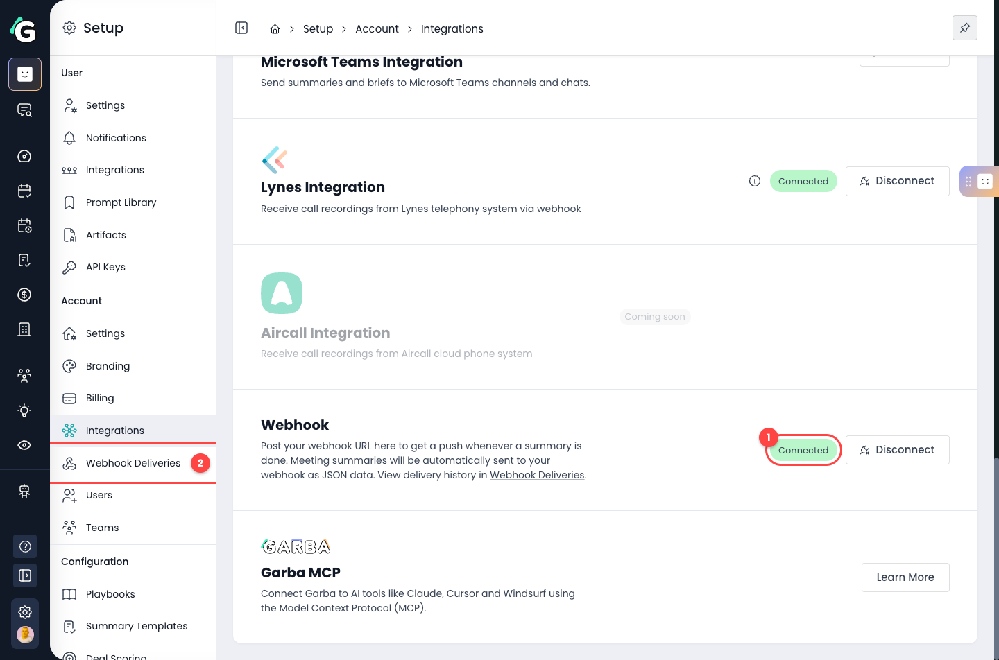 The Webhook card showing Connected status, with the Webhook Deliveries menu item highlighted