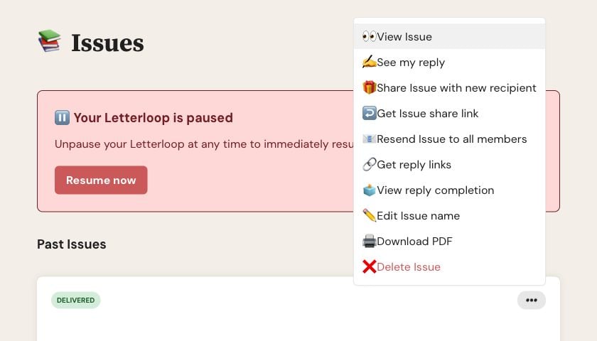 Letterloop Issues page with a delivered Issue's Options menu open and Get reply links visible.