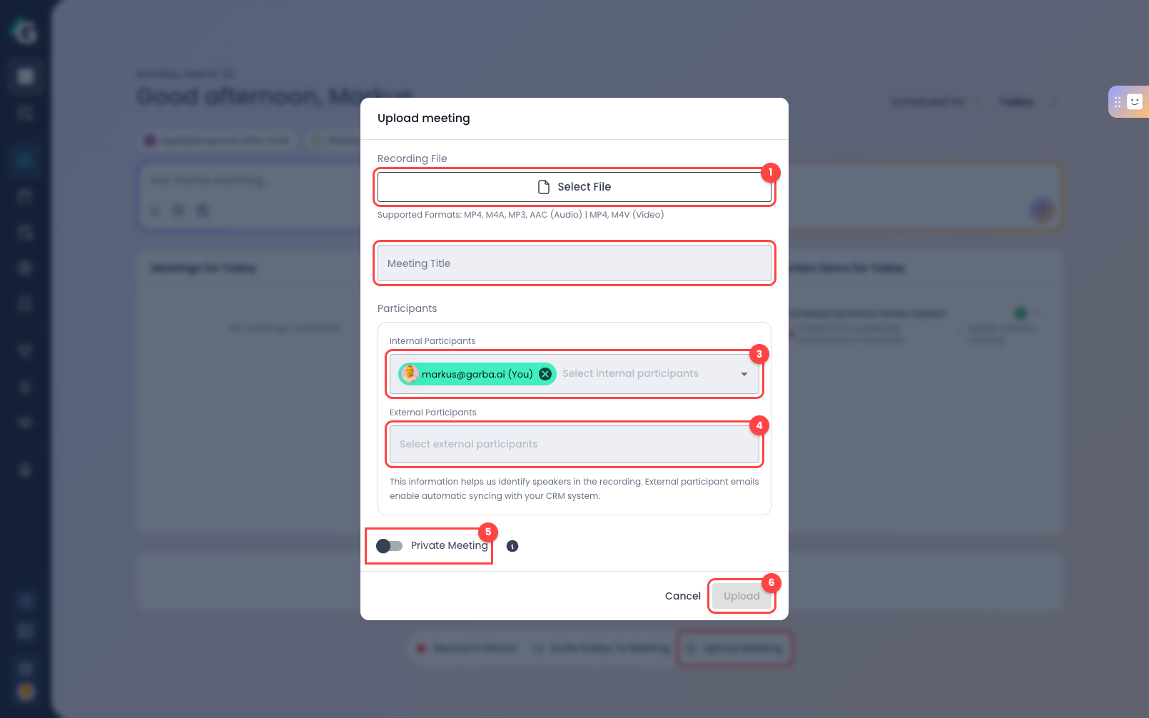 Upload meeting dialog with numbered callouts