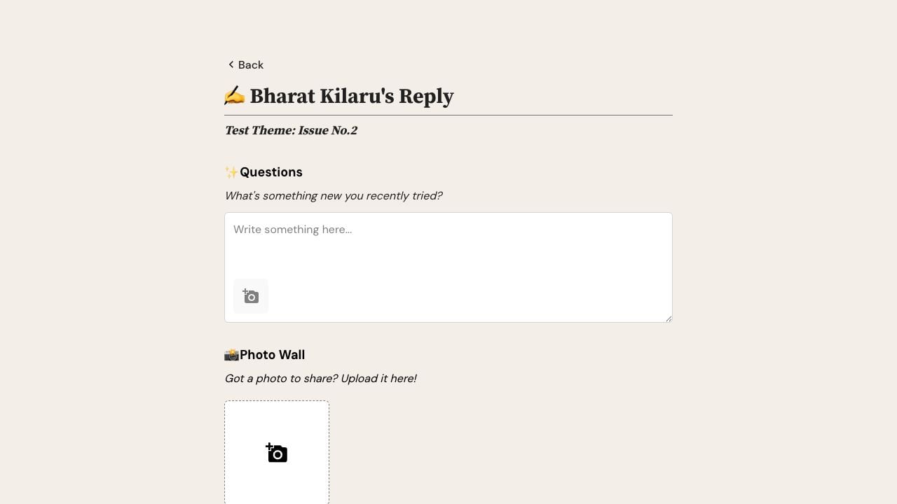 Letterloop web reply composer showing the camera-shaped Add photo or video control below a question and in a Photo Wall Section.