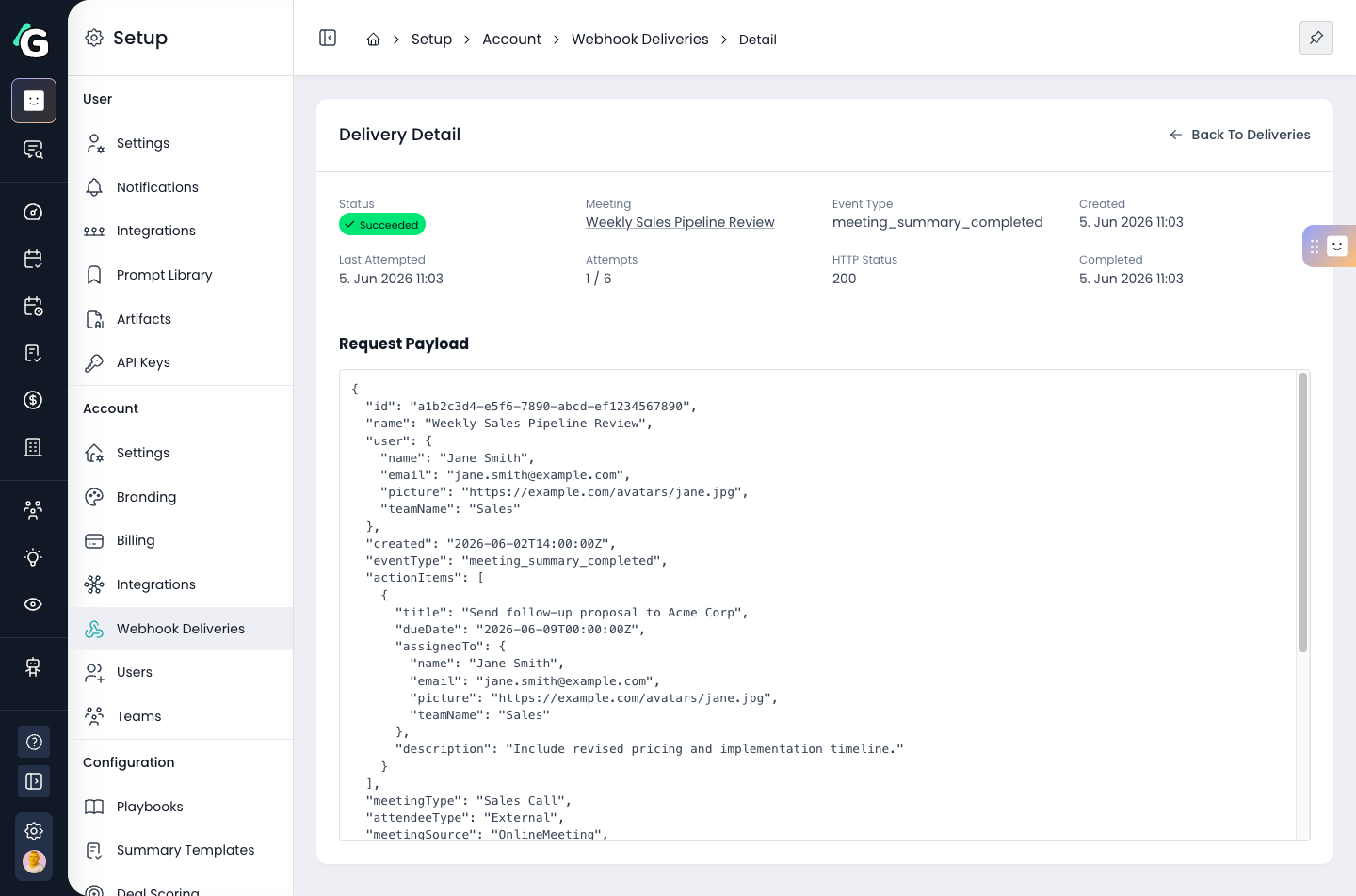 The delivery detail page showing delivery metadata and the full JSON request payload