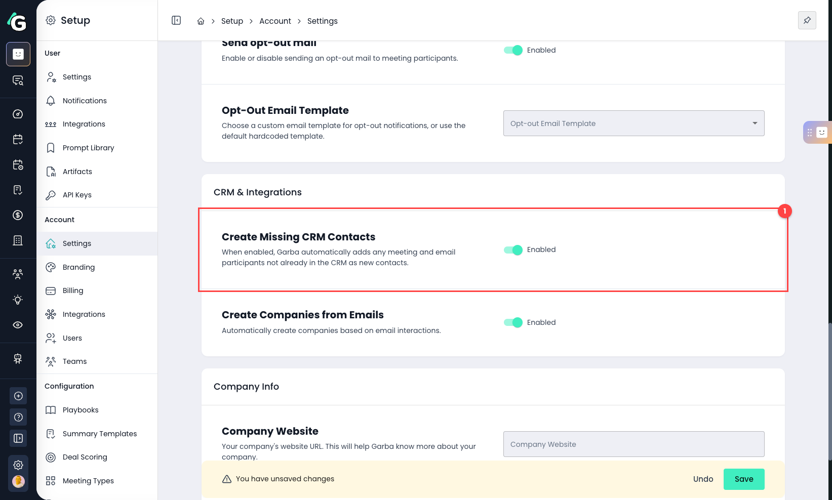 The Create Missing CRM Contacts toggle in Account Settings