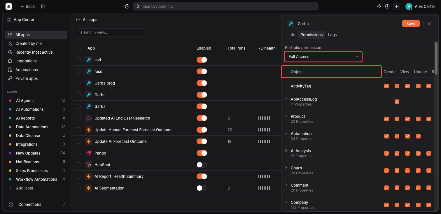 The Permissions tab of a Planhat Private App, with Full Access selected