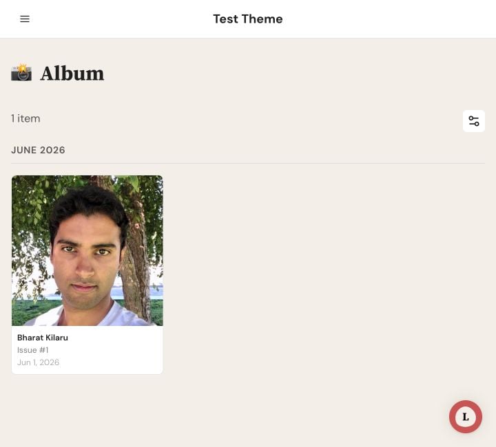 Album gallery on web showing one delivered image, item count, date group, and filter-and-sort control.