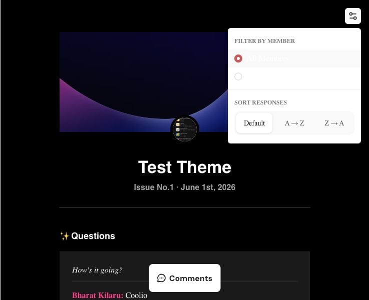 Delivered Issue on web with the Filter and Sort menu open, showing Filter by Member and Default, A to Z, and Z to A response order choices.