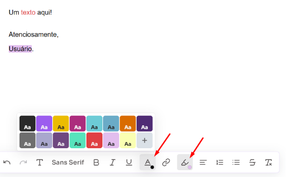 Seleção de cores no editor de e-mails