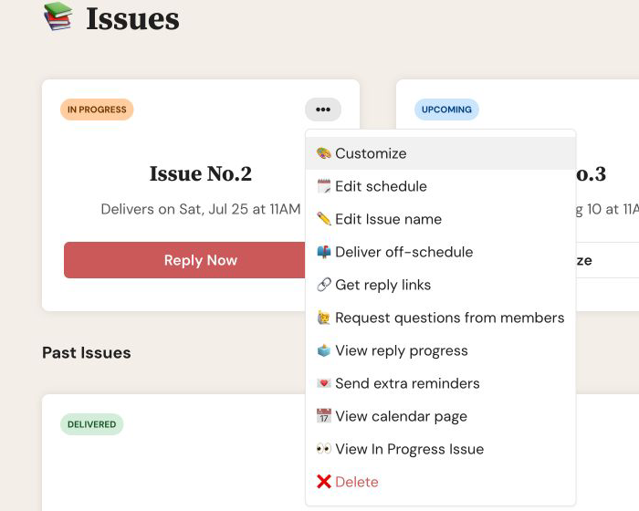 Letterloop Issues page on web with an In Progress Issue's Options menu open and Send extra reminders visible.
