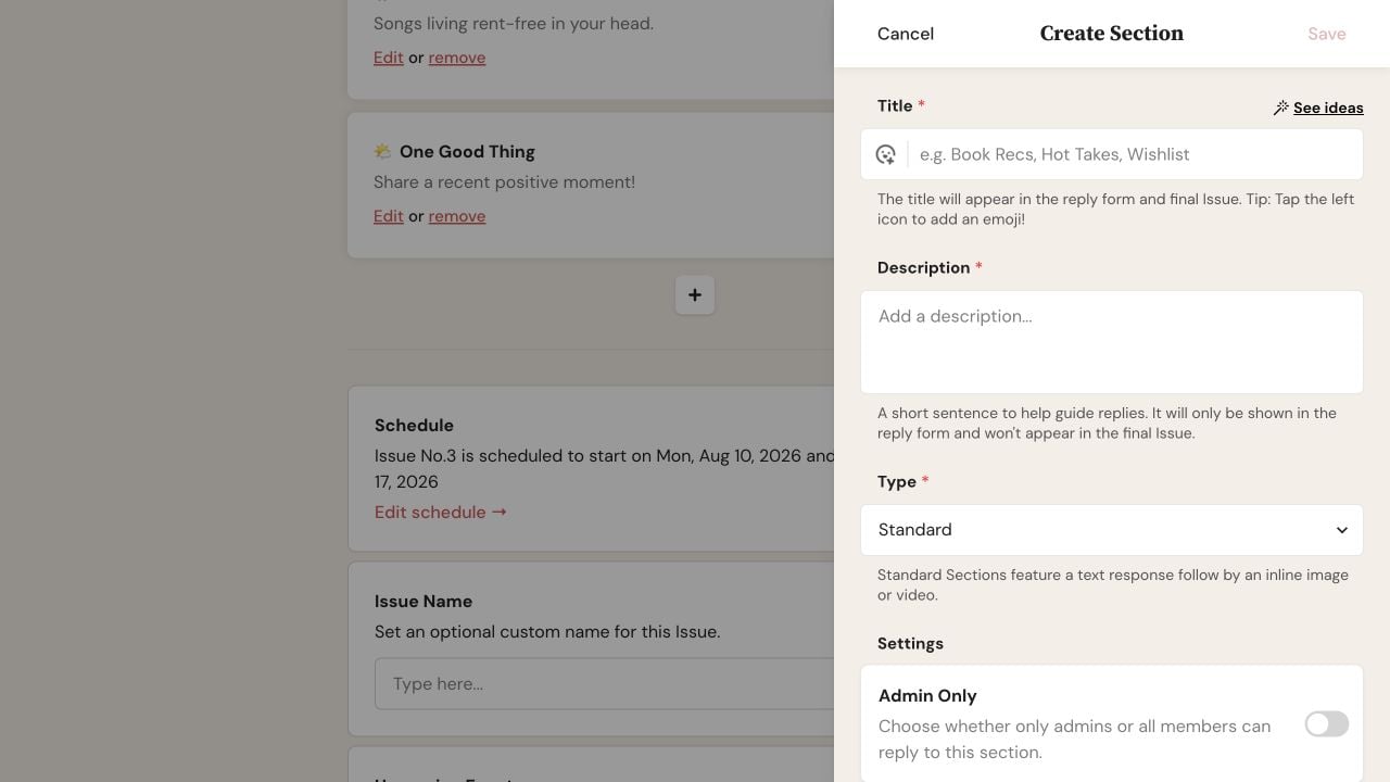 Create Section panel on web showing required Title and Description fields, Type selector, Admin Only setting, and Save.
